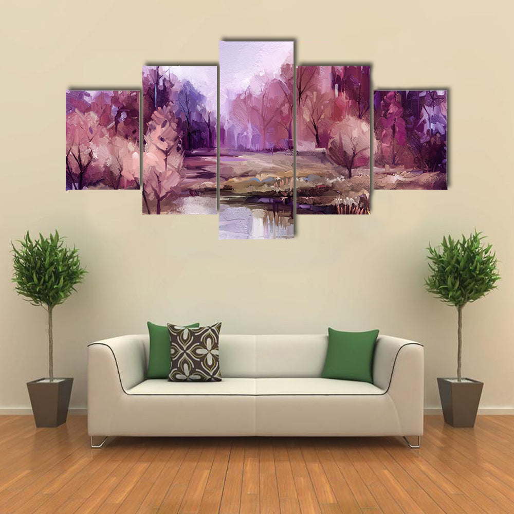 Autumn Forest Lake in Lavender Hues Canvas Wall Art