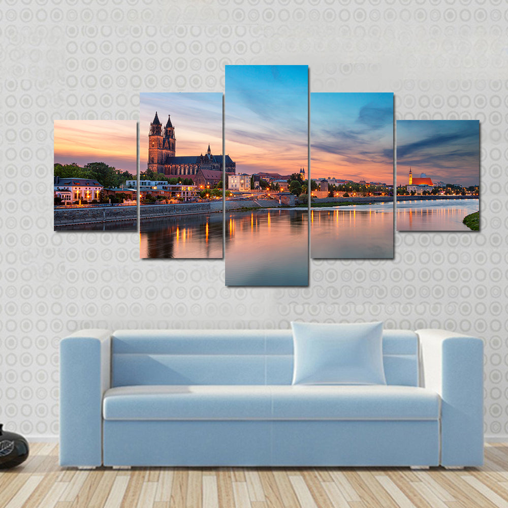 Magdeburg City And Elbe River At Sunset In Germany Canvas Wall Art