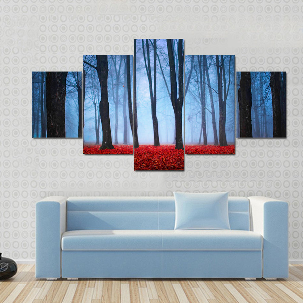 Foggy Autumn Forest with Red Leaves Canvas Wall Art