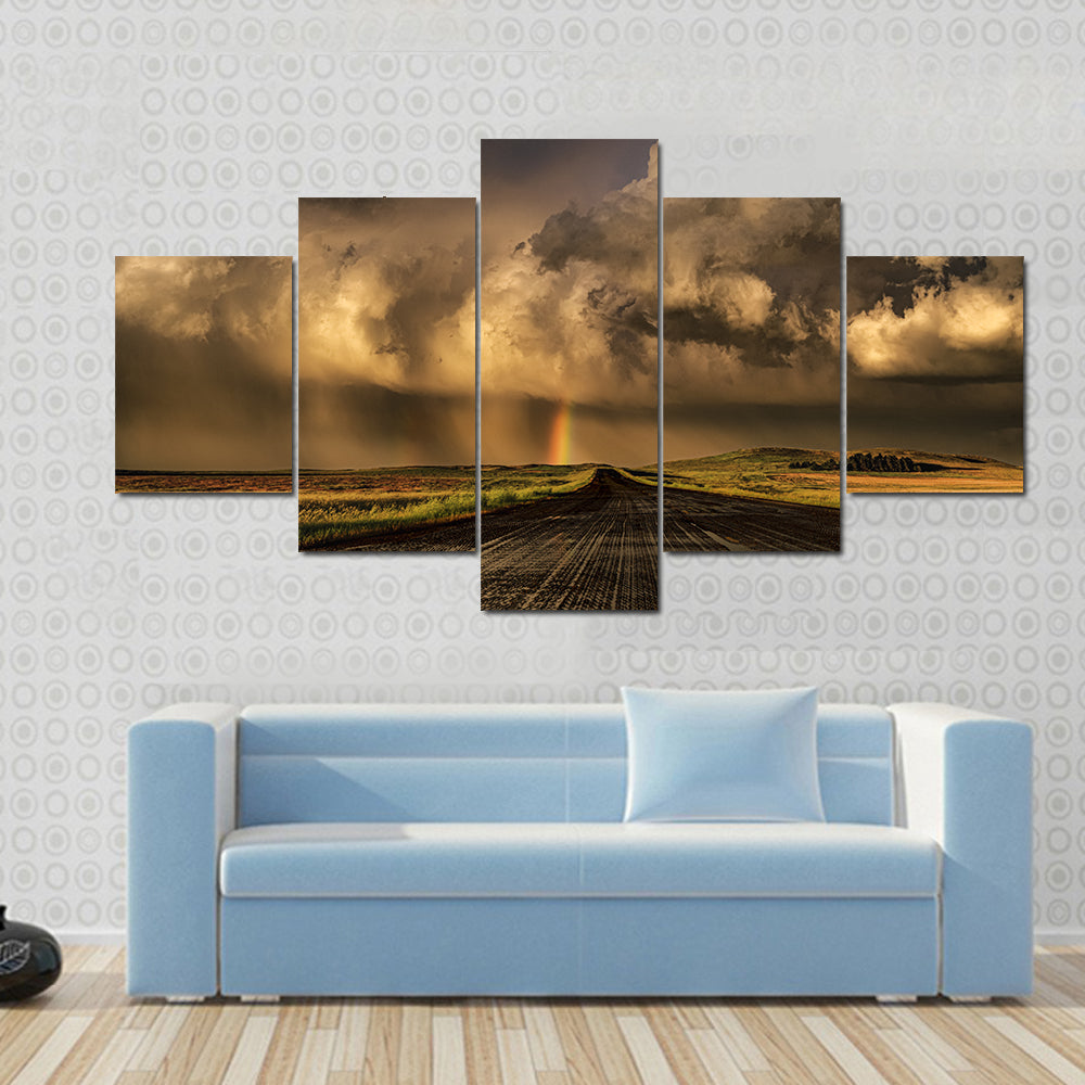 Travel Through South Dakota Border  Near Lemmon Town Canvas Wall Art in black, gray and orange, 5 panel Star layout hung on a wall