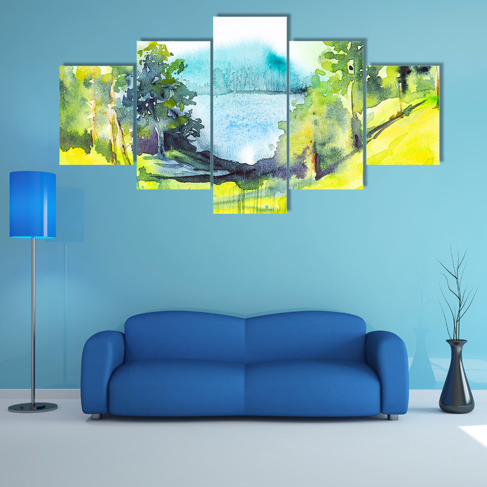 Watercolor Forest By Lake Canvas Wall Art