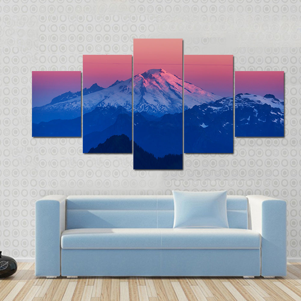 Mountain Peak In North Cascade Range Washington Canvas Wall Art in black, white and pink, 5 panel Star layout hung on a wall