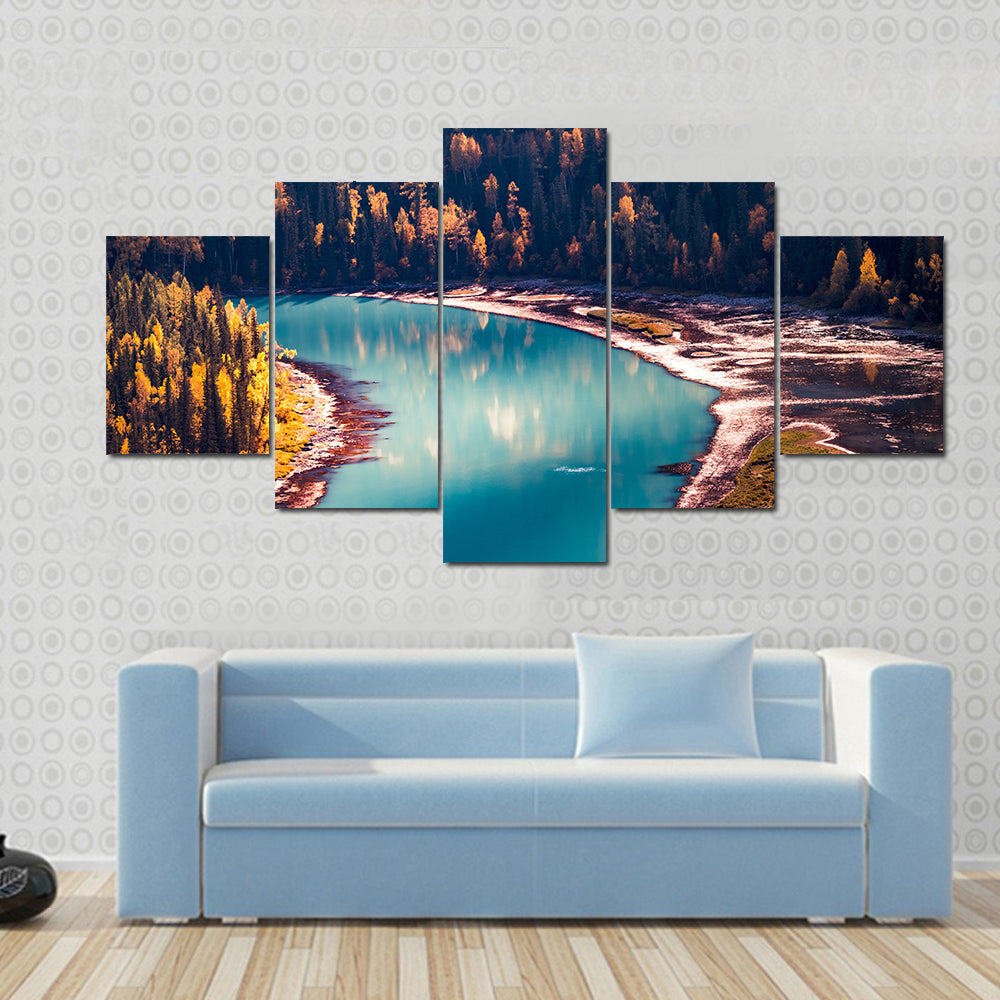Xinjiang Kanas River In China Canvas Wall Art in green, turquoise and blue, 5 panel Star layout hung on a wall