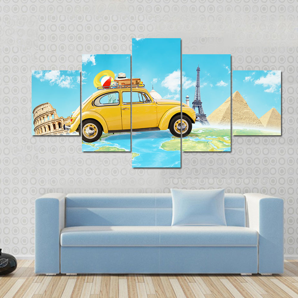 Yellow Vintage Car Over World Map Canvas Wall Art