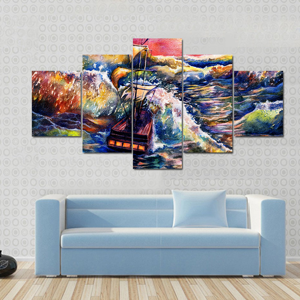 Sunset Sailing Ship in Stormy Sea Canvas Wall Art