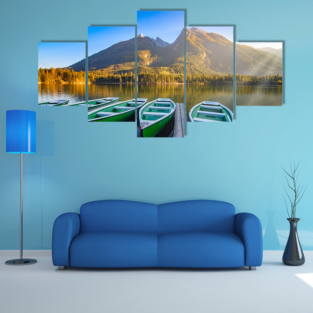 Green Rowboats on Mountain Lake Canvas Wall Art