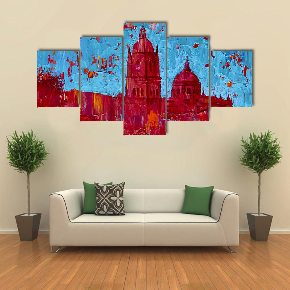 Monochrome Red Cathedral Cityscape Canvas Wall Art