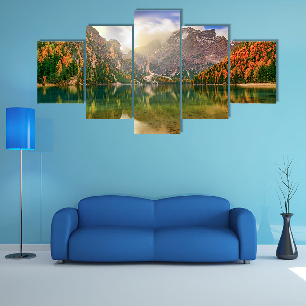 Autumn Reflection at Braies Lake Canvas Wall Art