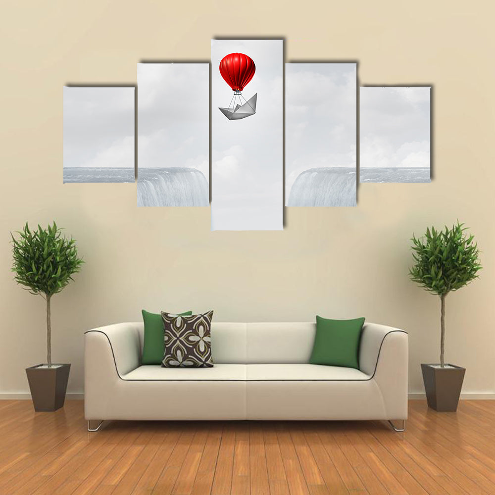 Red Balloon and Paper Boat Above Twin Waterfalls Canvas Wall Art