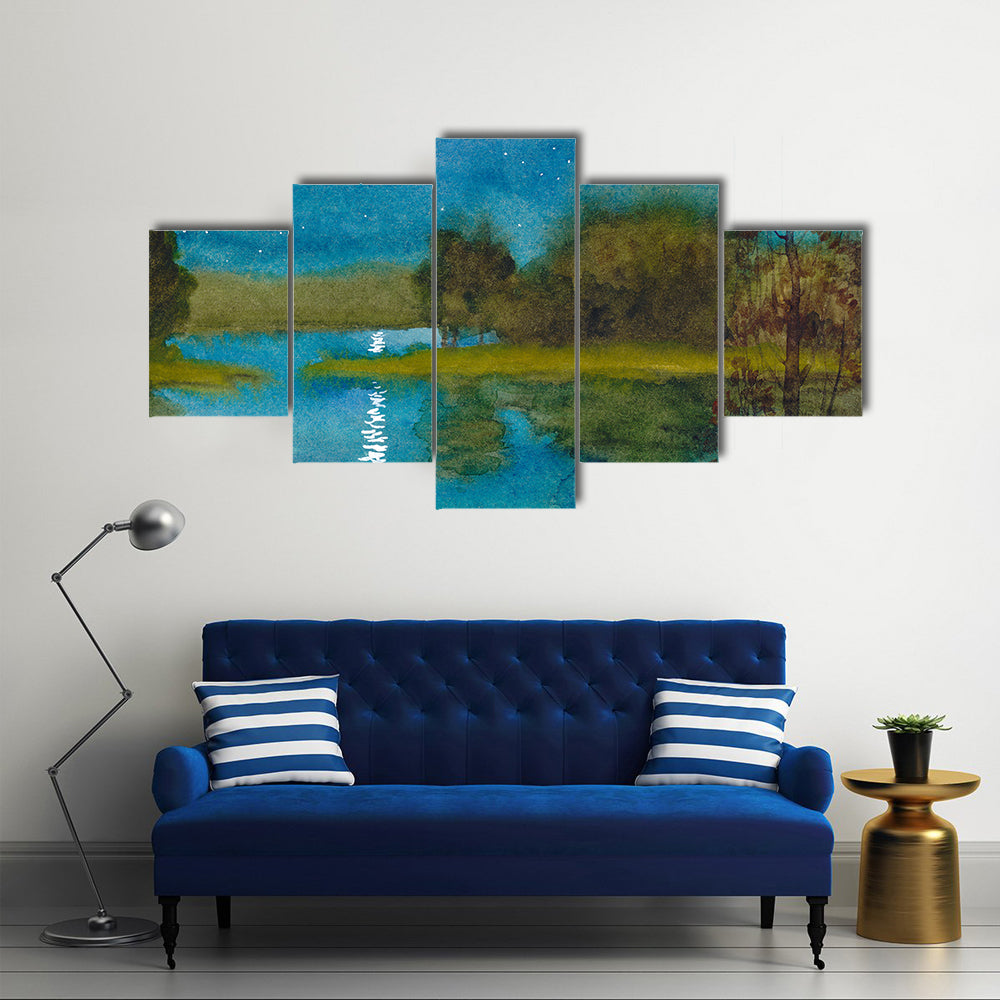 Moonlit River Watercolor Landscape Canvas Wall Art