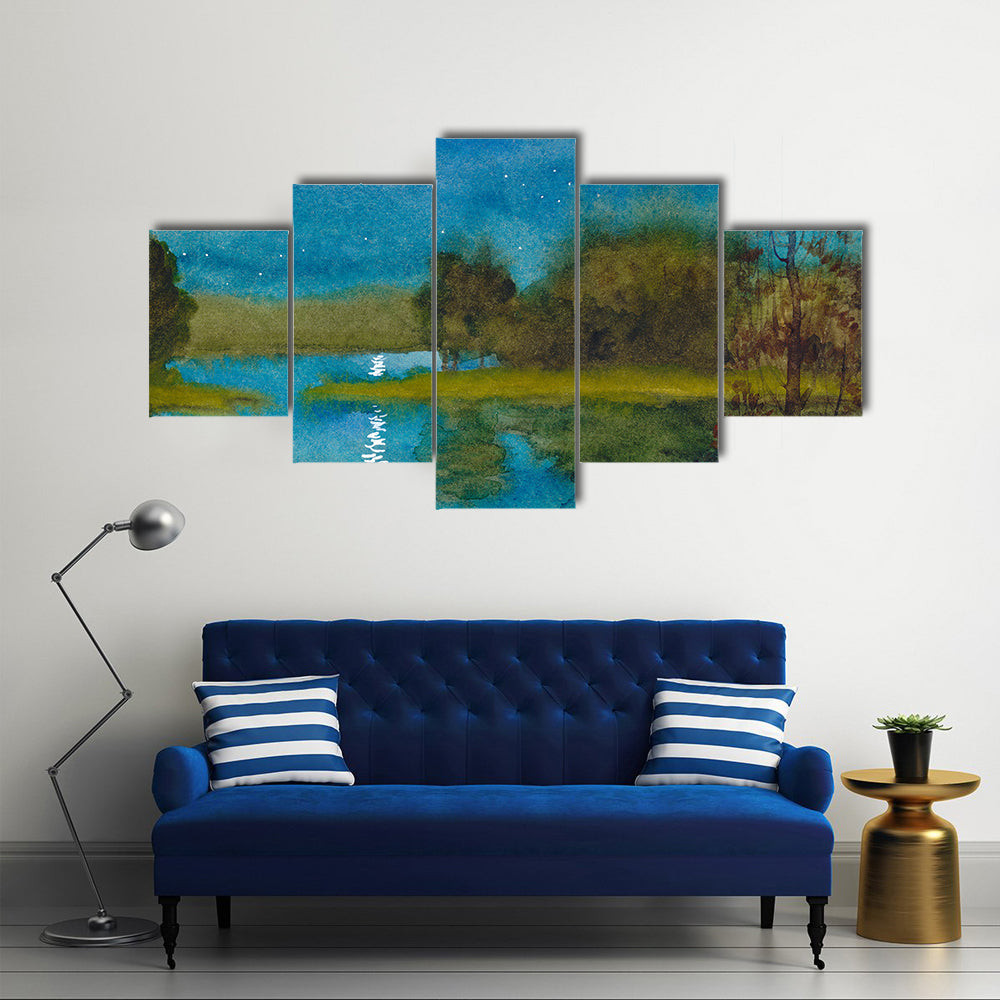 Moonlit Quiet River Watercolor Canvas Wall Art