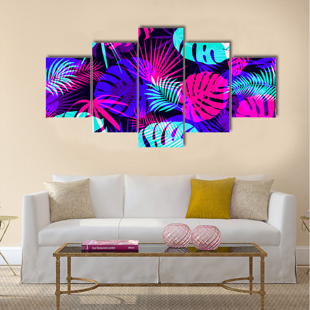 Neon Tropical Leaves Pattern Canvas Wall Art