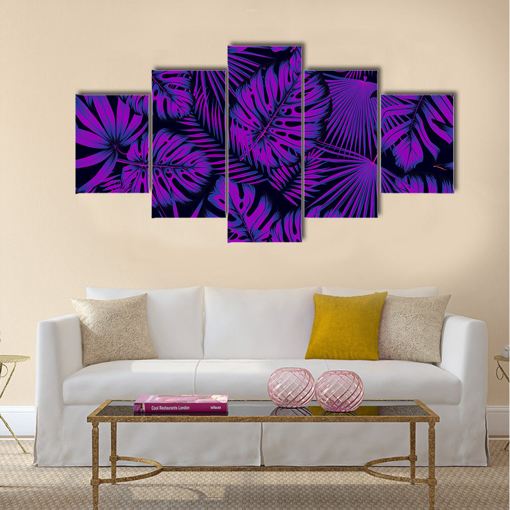 Neon-edged Tropical Leaves Pattern Canvas Wall Art