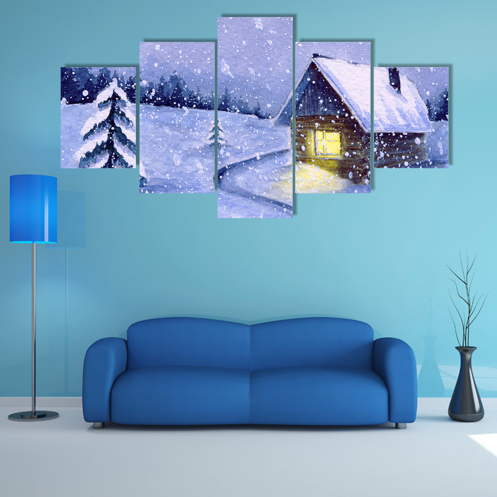 Snowy Cabin with Winding Path Canvas Wall Art