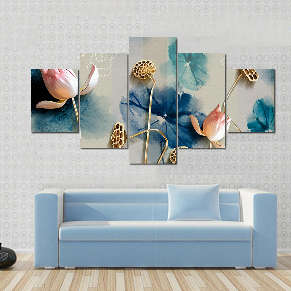 Lotus Garden Illustration with Gold Accents Canvas Wall Art