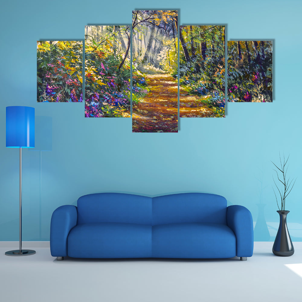 Sunlit Forest Path with Wildflowers Canvas Wall Art