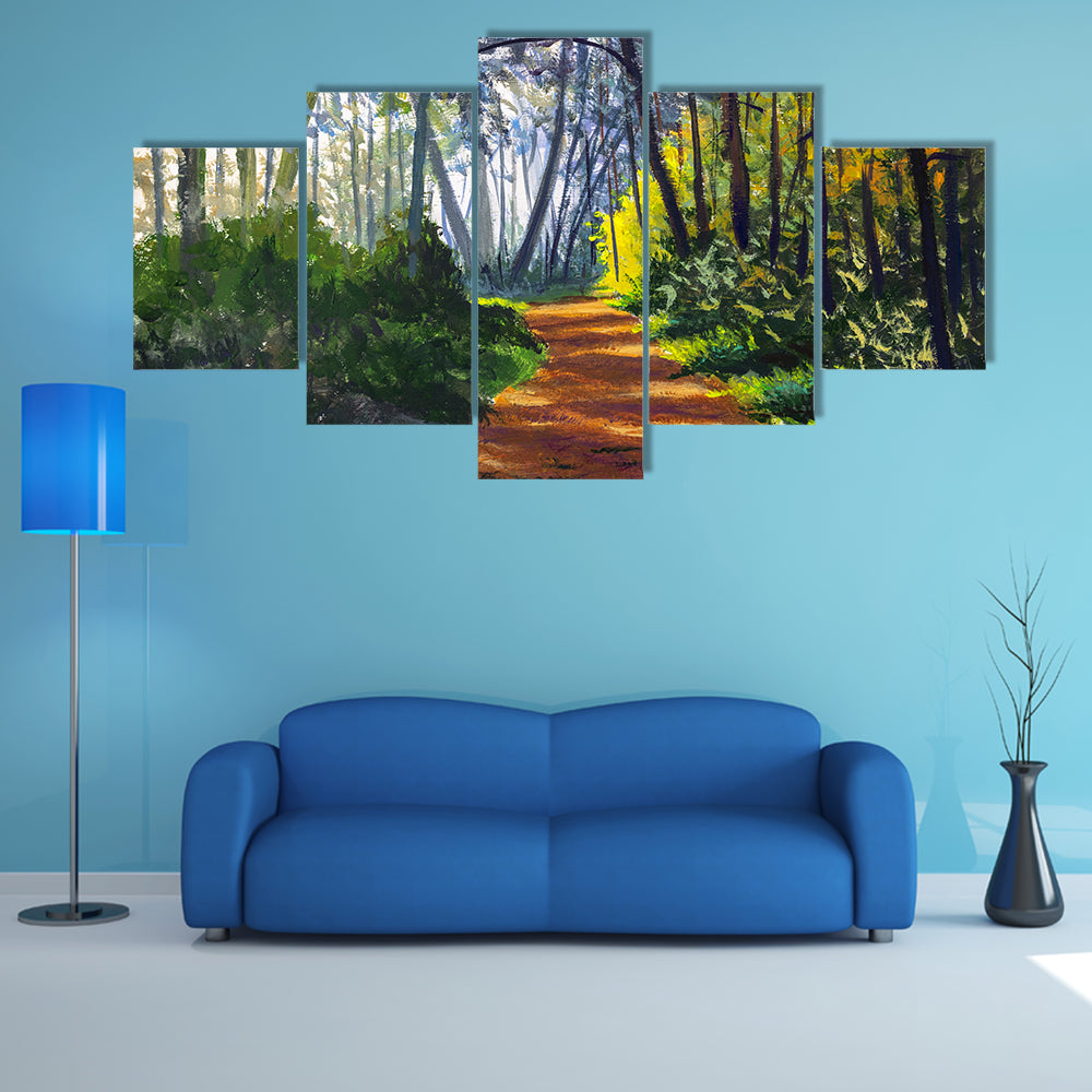 Sunlit Forest Path in Park Canvas Wall Art