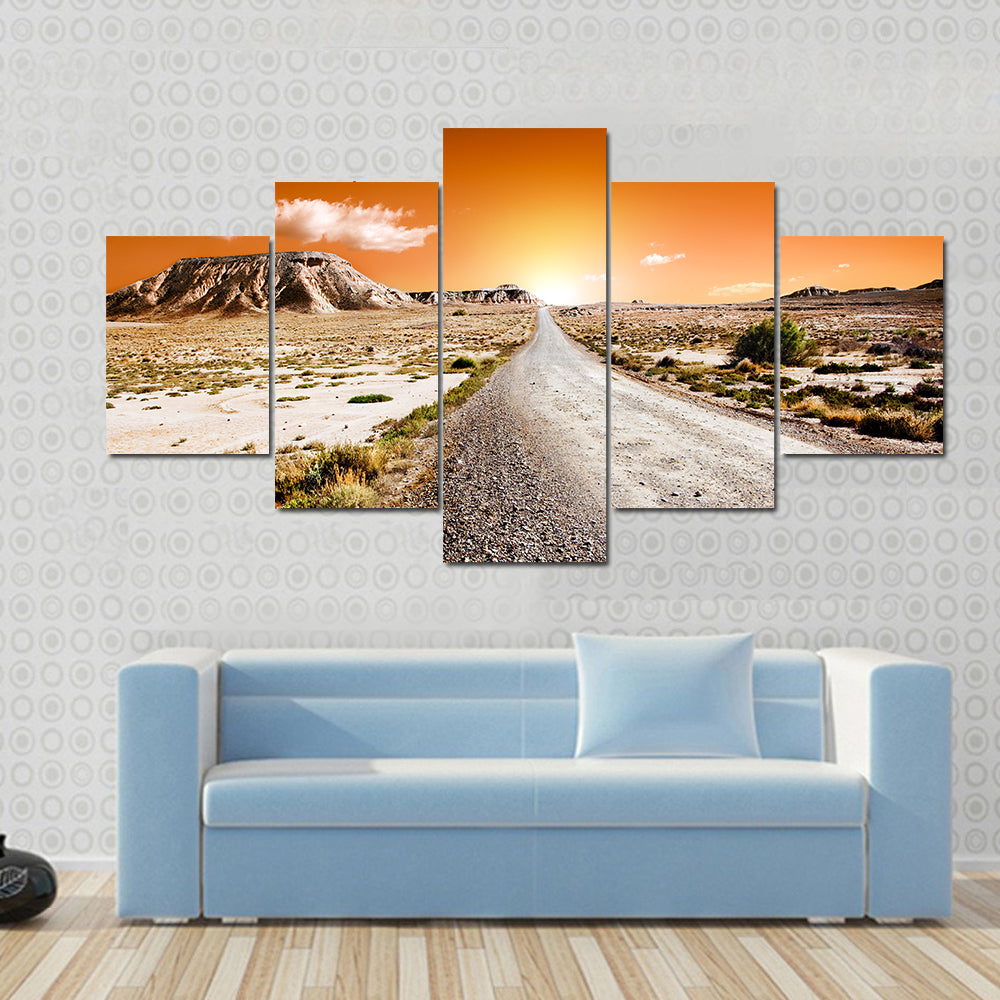 Sunset Desert Landscape With Road Canvas Wall Art