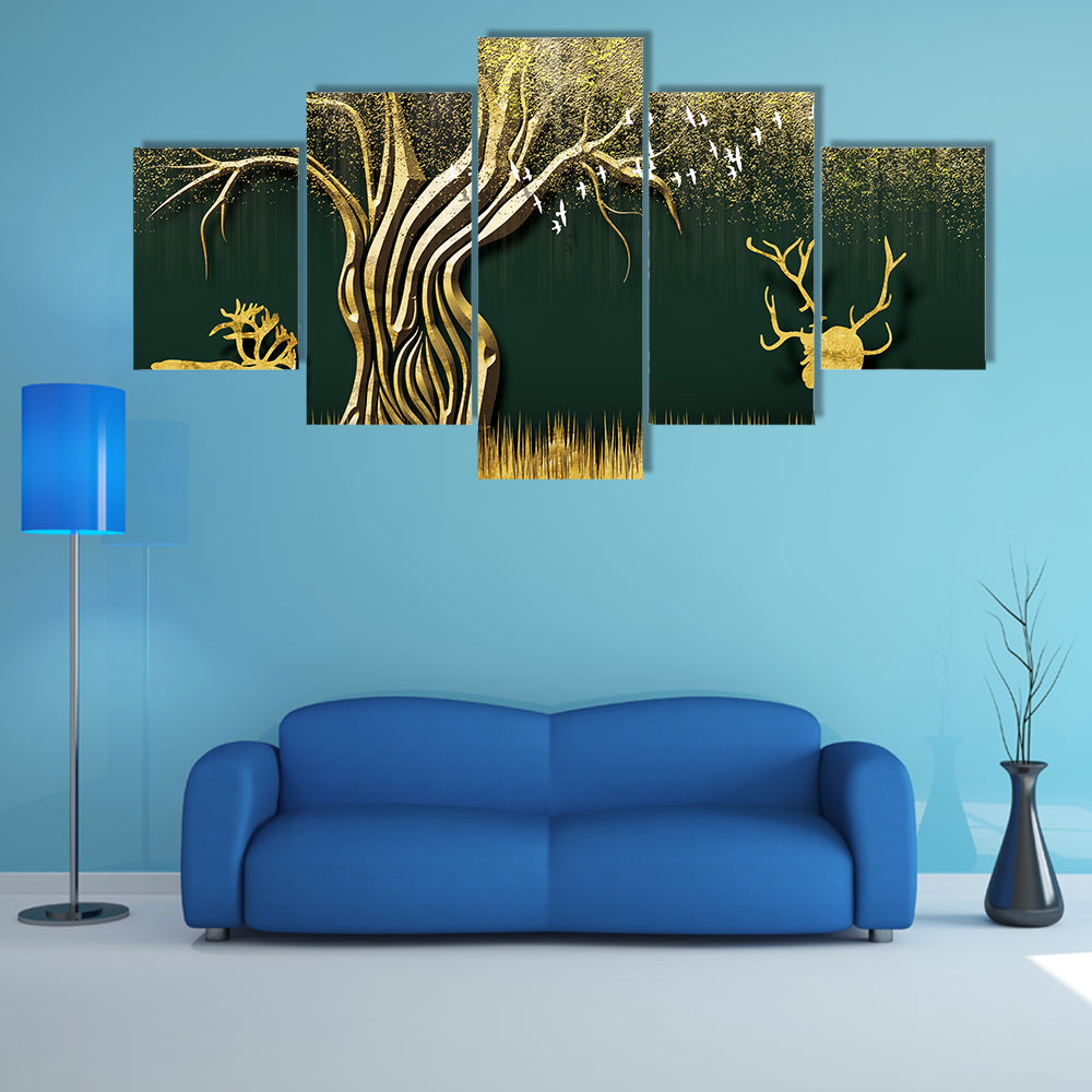 Abstract Golden Tree and Deer Silhouettes Canvas Wall Art