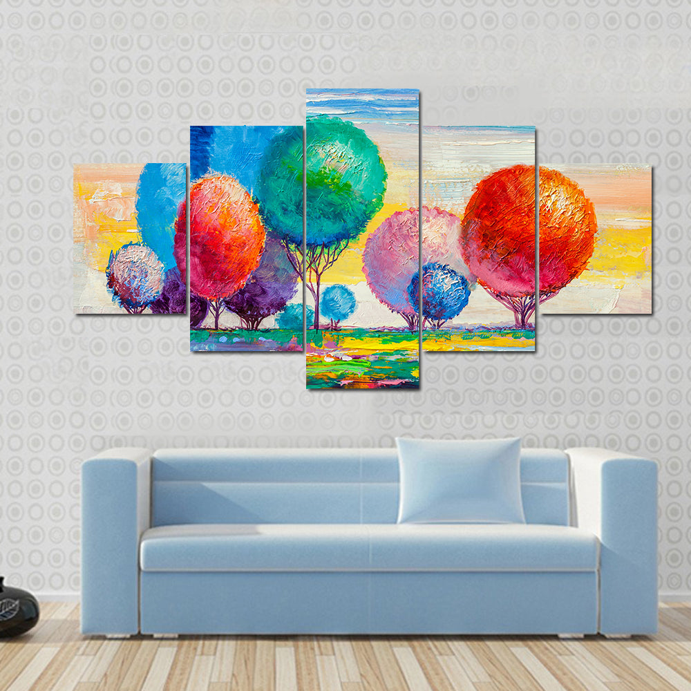 Colorful Autumn Meadow with Stylized Trees Canvas Wall Art