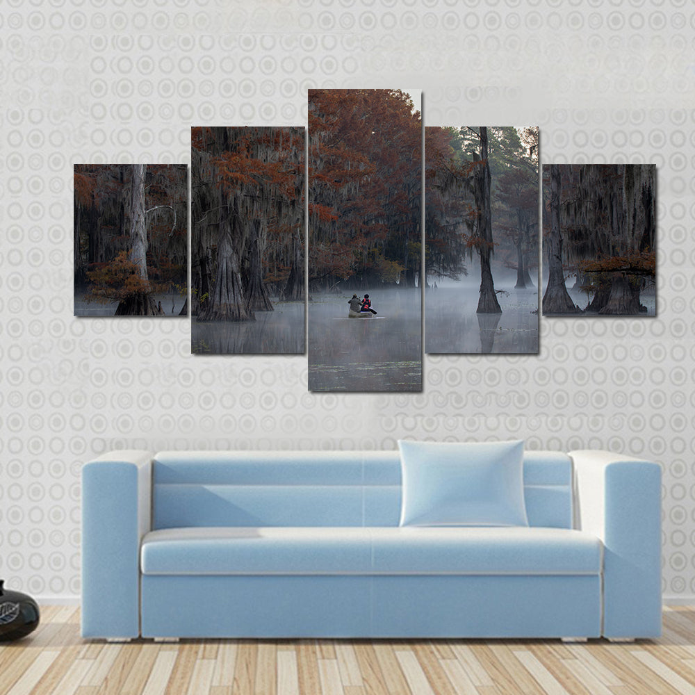 Couple Canoing At Caddo Lake In Texas Louisiana Canvas Wall Art