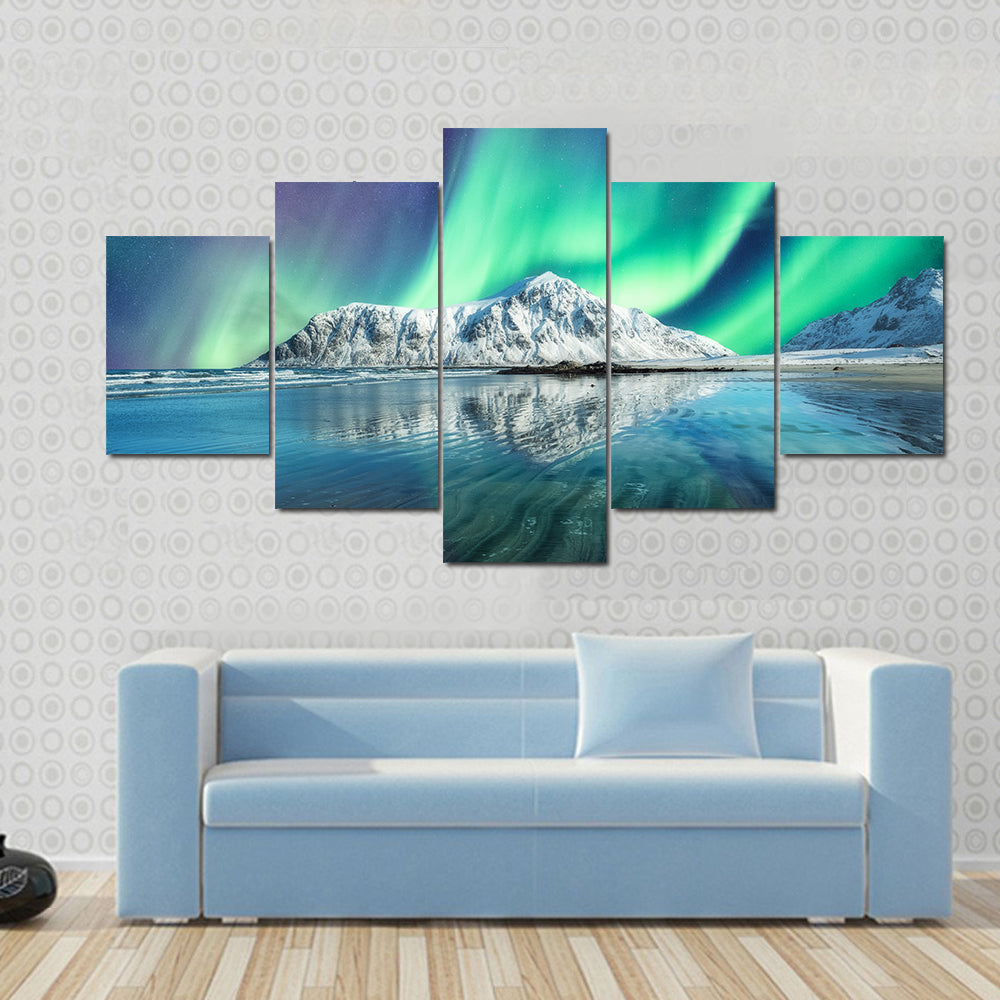 Northern Lights On Snowy Mountain In Lofoten Islands Canvas Wall Art