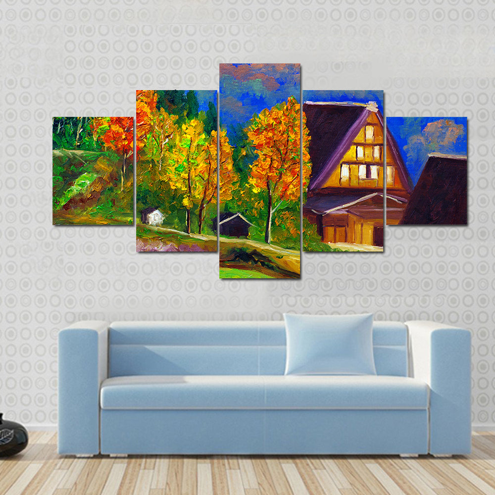 Autumn Gassho-zukuri Village with Glowing Windows Canvas Wall Art