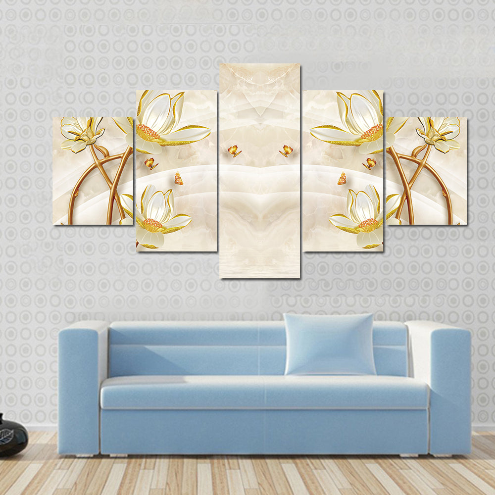 Gold-edged Lotus and Butterflies Illustration Canvas Wall Art