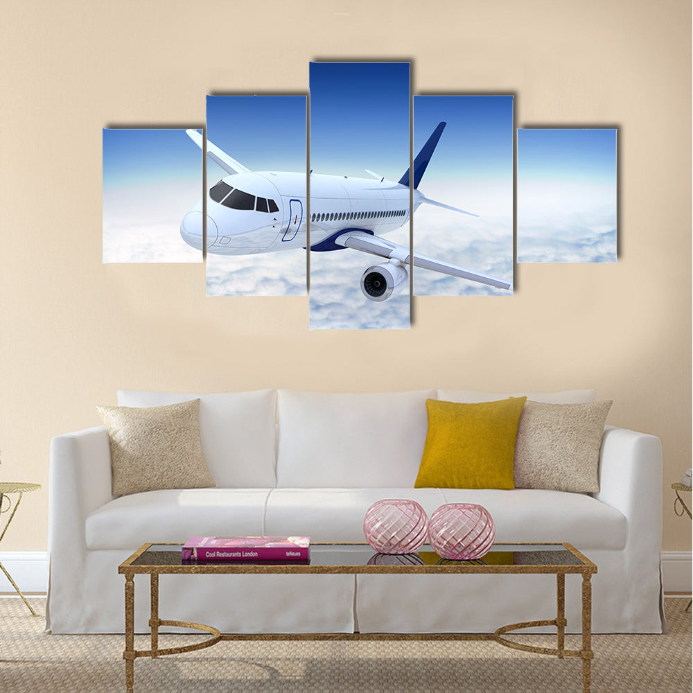 White Jet Banking Above Cumulus Clouds Canvas Wall Art