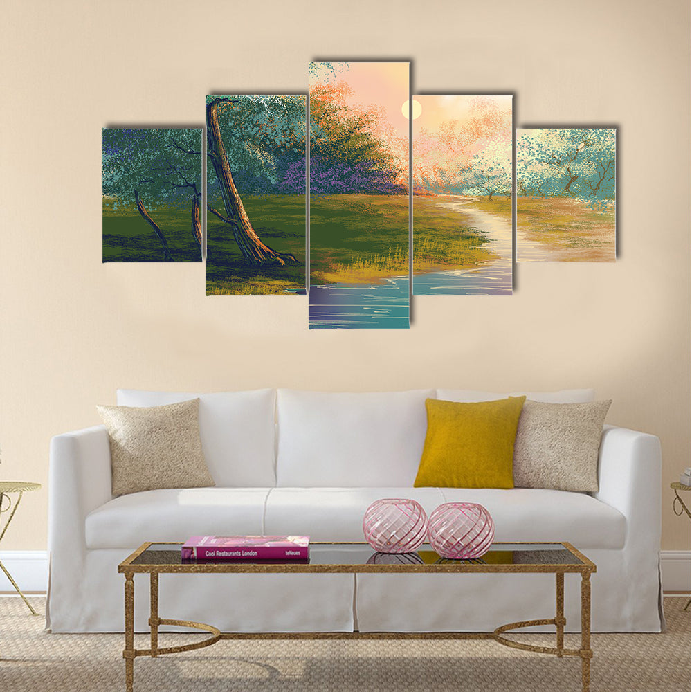 River In Spring Forest Sunset Canvas Wall Art