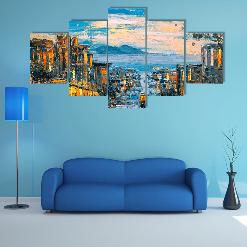 San Francisco Cable Cars on Rain-soaked Street Canvas Wall Art