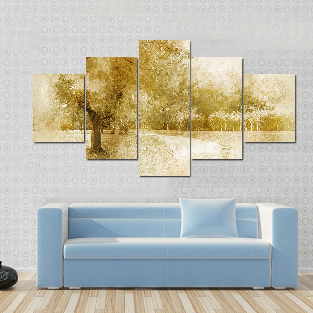 Sepia Autumn Park with Lone Tree Canvas Wall Art