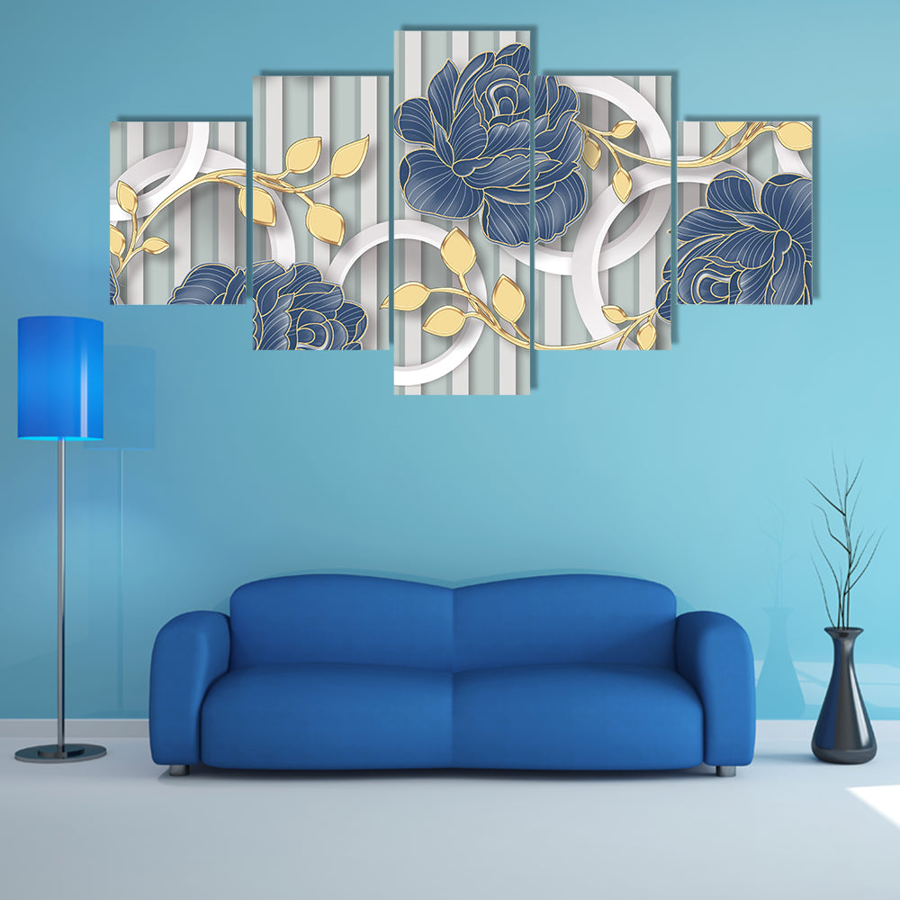 Abstract Blue Roses with Gold Leaves and Rings Canvas Wall Art