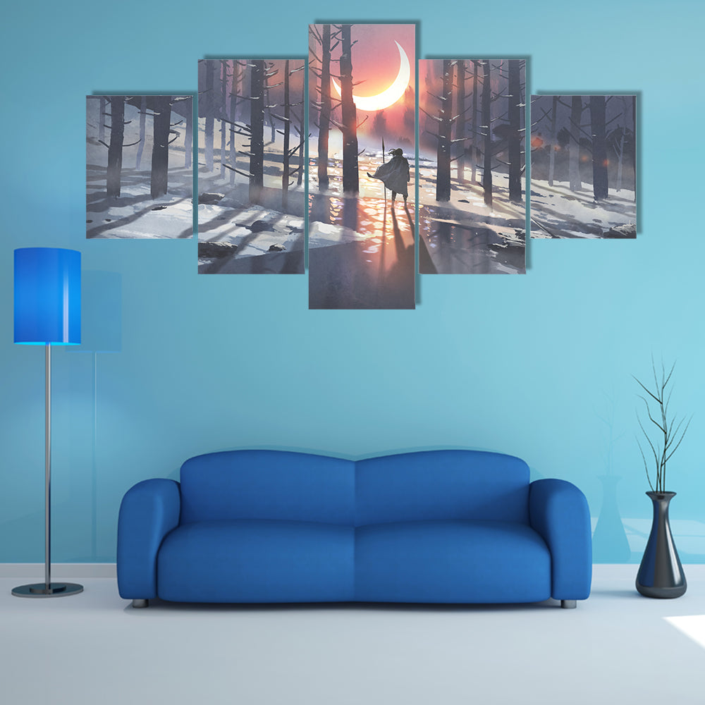Cloaked Figure in Winter Forest Canvas Wall Art