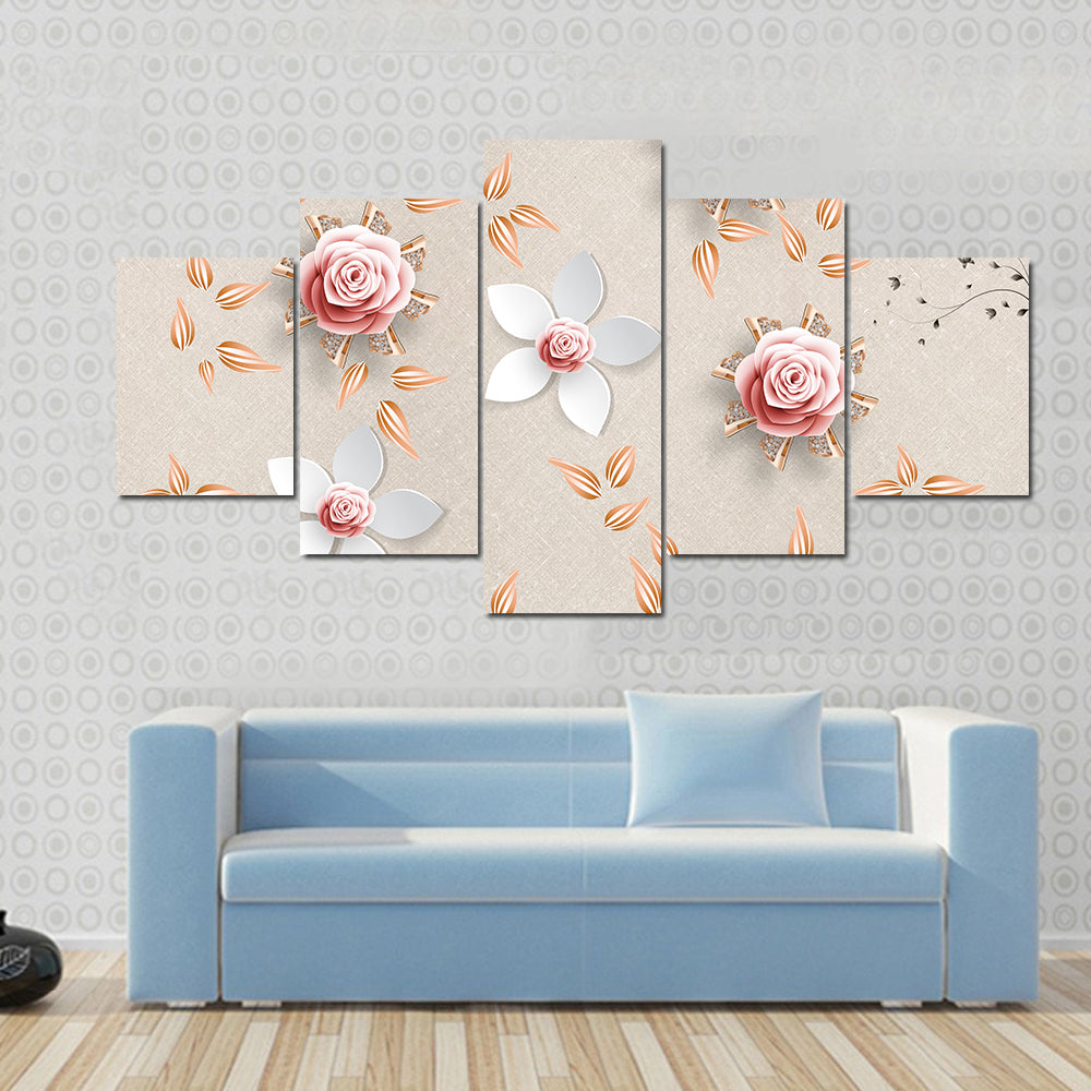 3d Stylized Pink Roses and White Flowers Canvas Wall Art