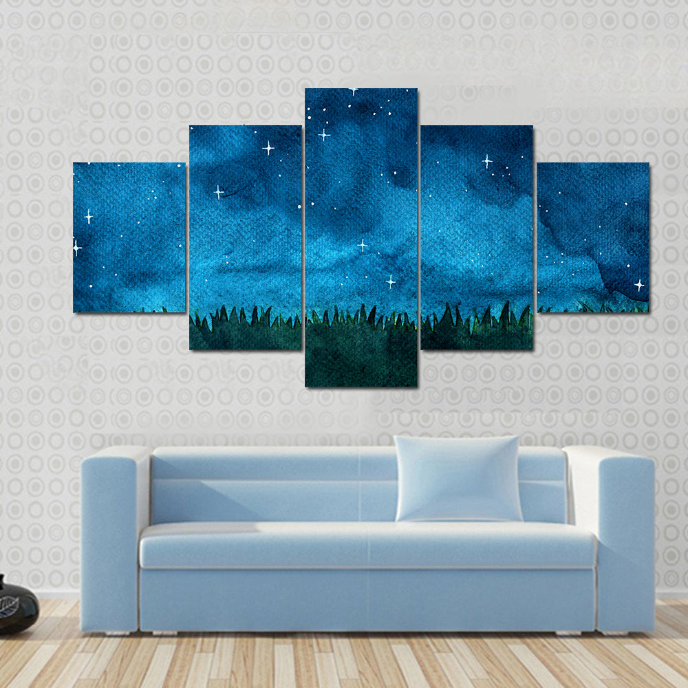 Grass Meadow With Night Sky Canvas Wall Art