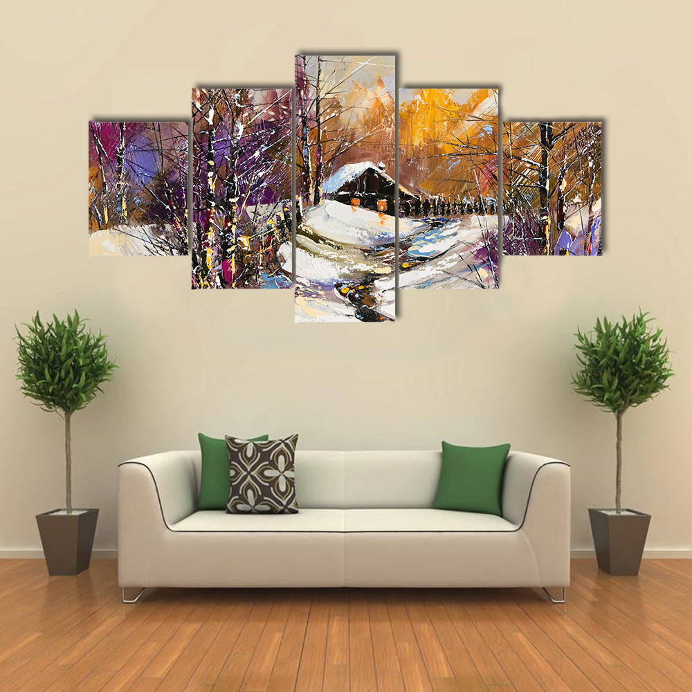 Rural Winter Landscape with Cabin Canvas Wall Art