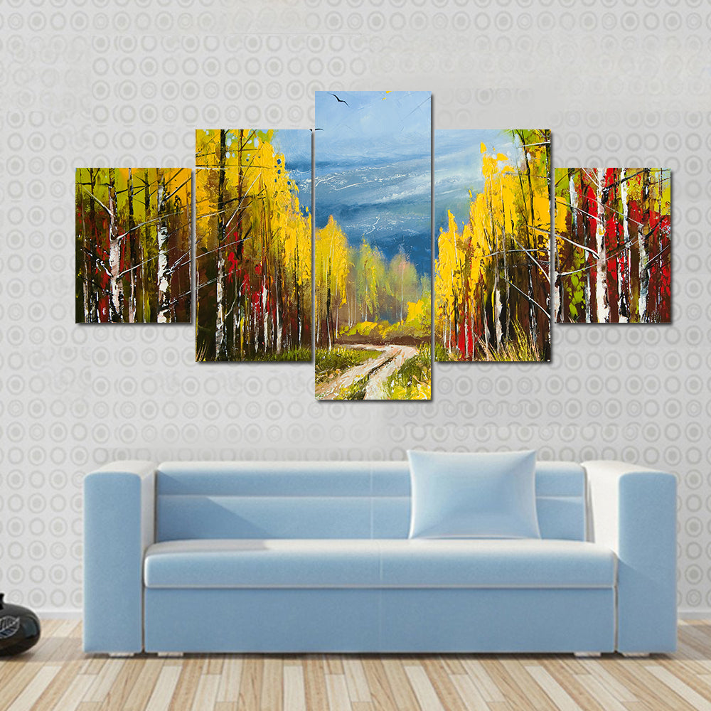 Autumn Forest Path with Birch Trees Canvas Wall Art