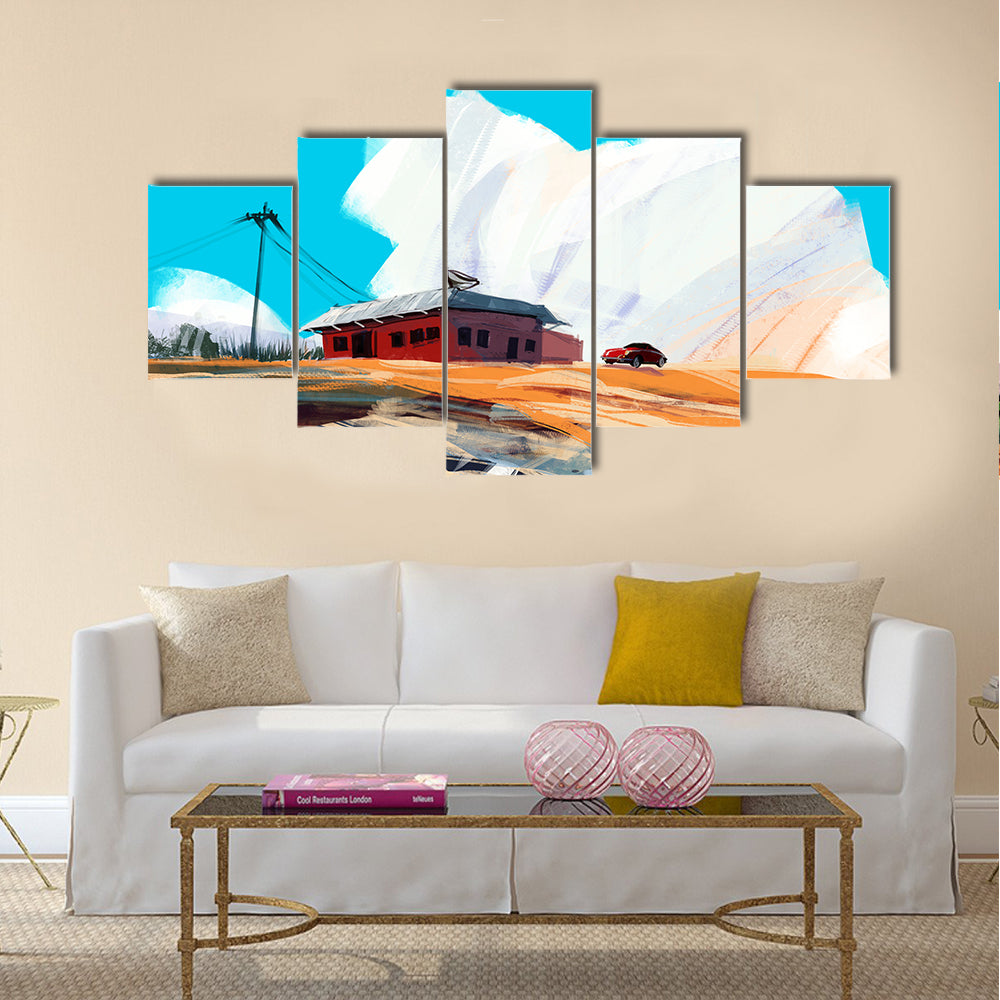 Red House and Vintage Car in Desert Canvas Wall Art