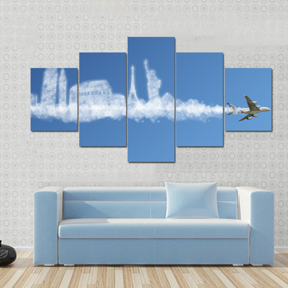 Commercial Jet with Landmark Smoke Trail Canvas Wall Art in white and blue, framed canvas, product view on a white background