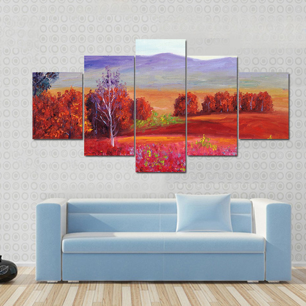 Red Flower Field with White Birch Canvas Wall Art