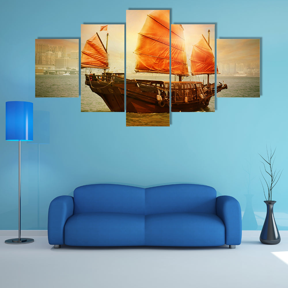 Chinese Junk Boat at Sunset Canvas Wall Art