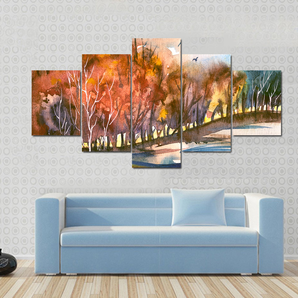 Autumn Lakeside Tree Line Canvas Wall Art