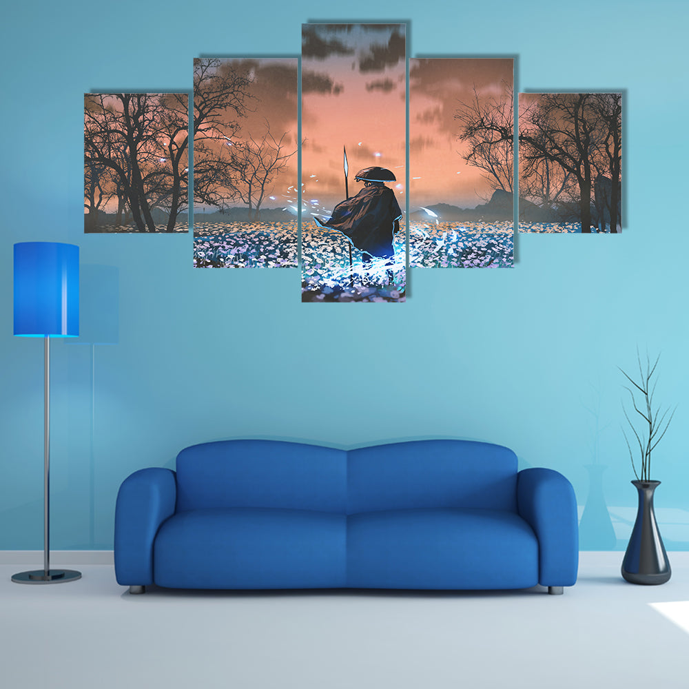 Ancient Samurai in Flowered Meadow Canvas Wall Art