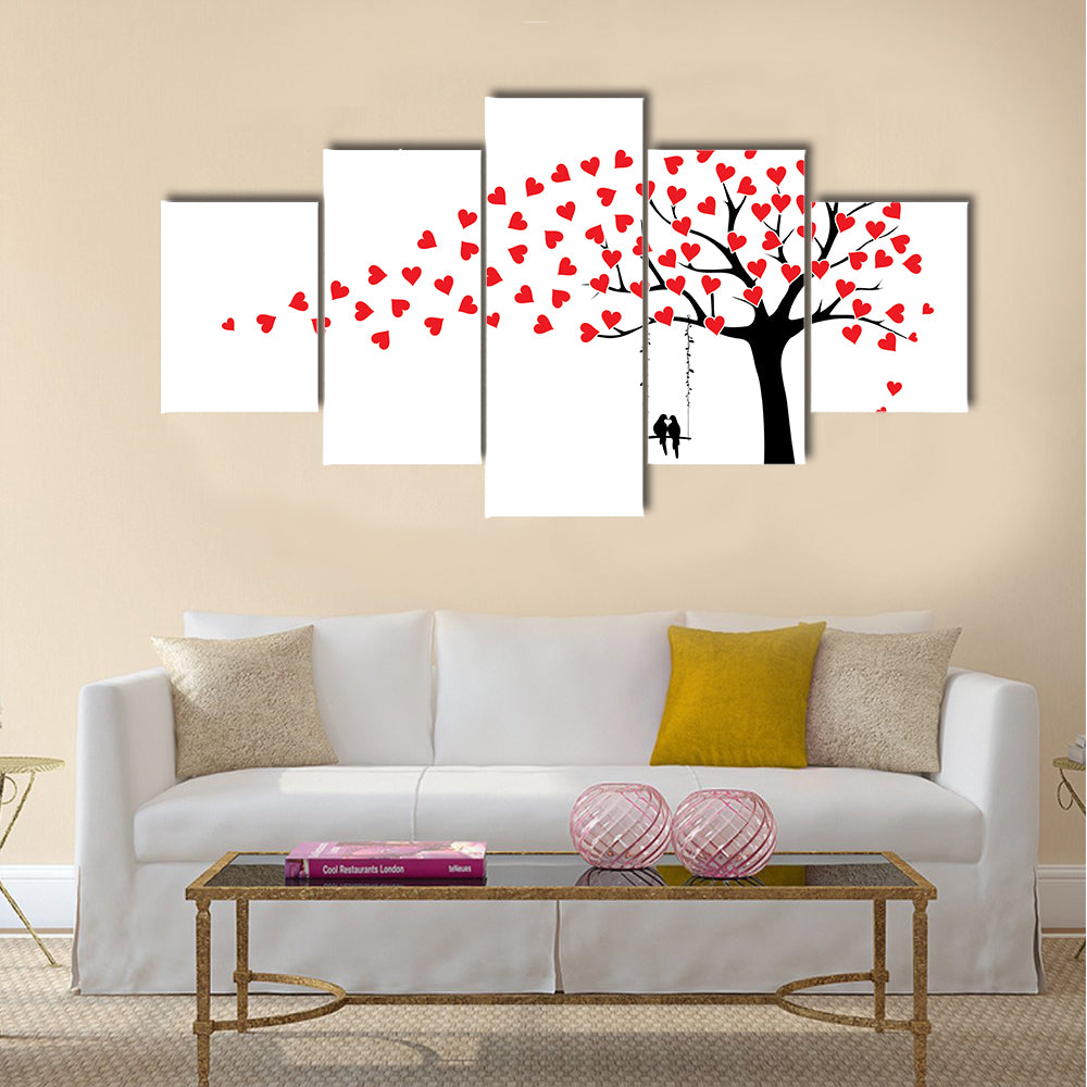 Tree with Heart Leaves and Couple on Swing Canvas Wall Art