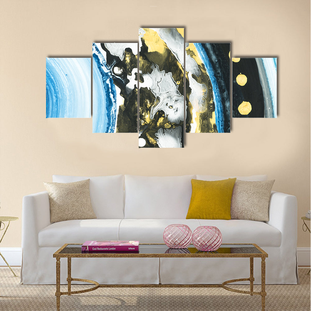 Blue and Black Abstract with Gold Dots Canvas Wall Art
