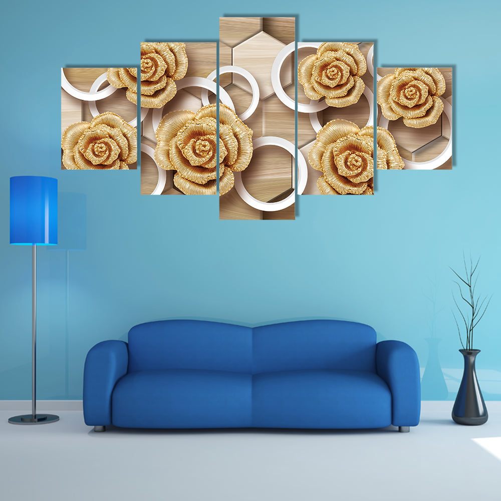 Golden Roses with Floating Rings and Hexagons Canvas Wall Art