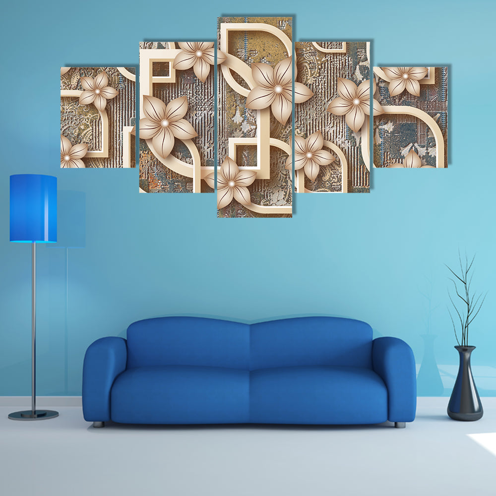 Gold Five-petal Floral Geometric Canvas Wall Art