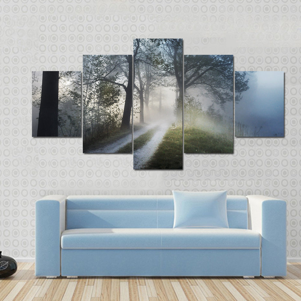 Foggy Forest Path at Sunrise Canvas Wall Art