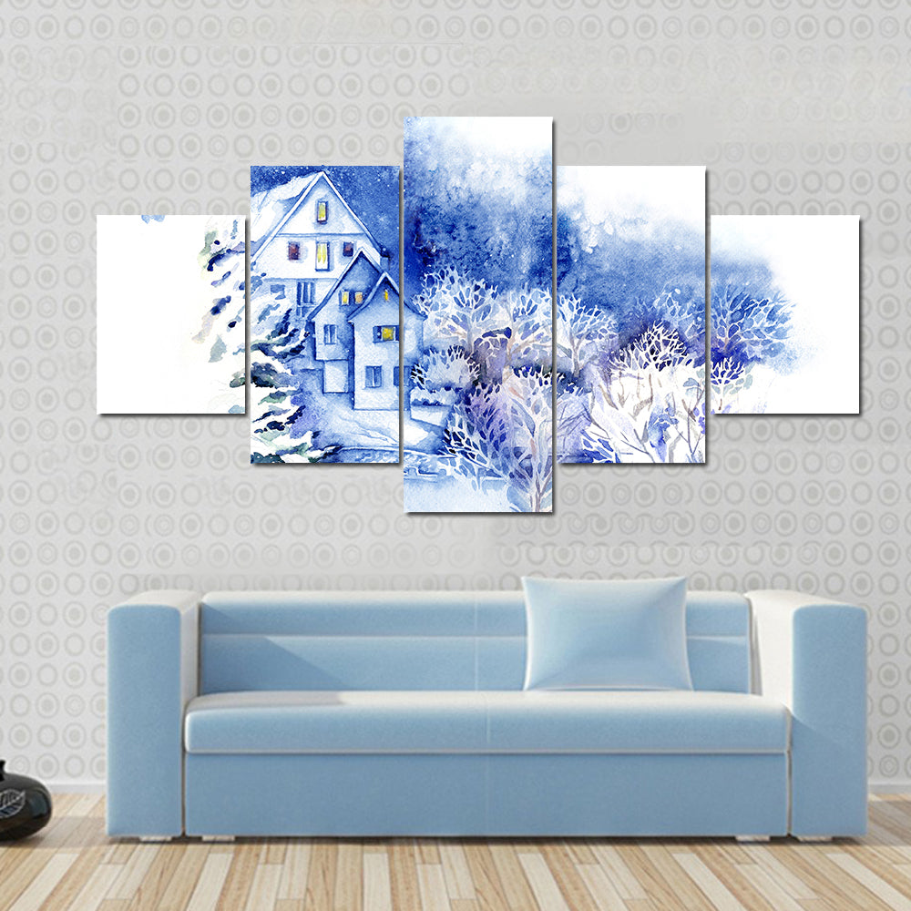 Snow-covered Houses Watercolor Landscape Canvas Wall Art